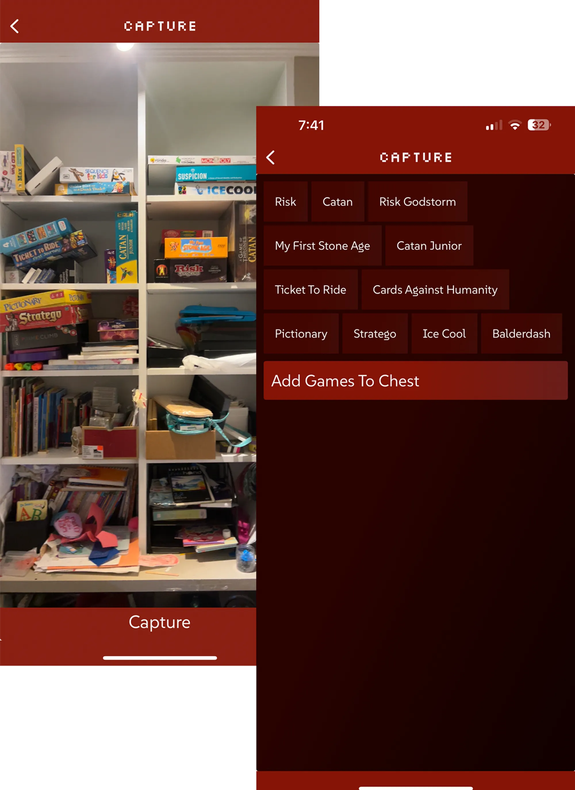 Screenshot of ReRuled showing the output of the phone's camera. The screen shows a messy game shelf. A second screenshot shows the names of the games that were found by ReRuled.